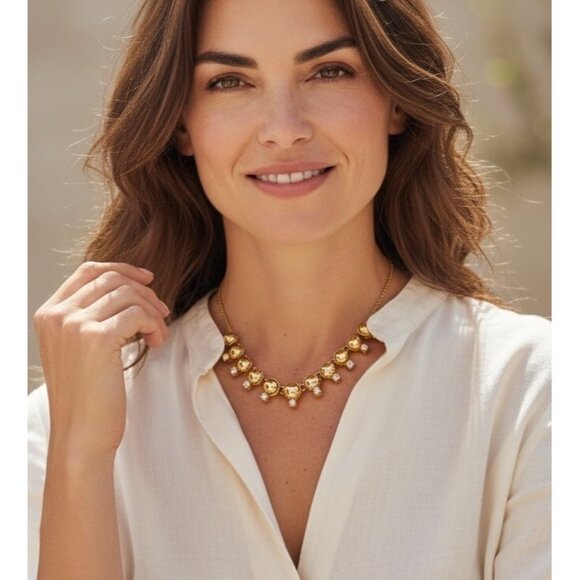 Ann Taylor Adjustable Gold Tone Bead & Crystal Statement Necklace Slider Collar - Picture 1 of 7